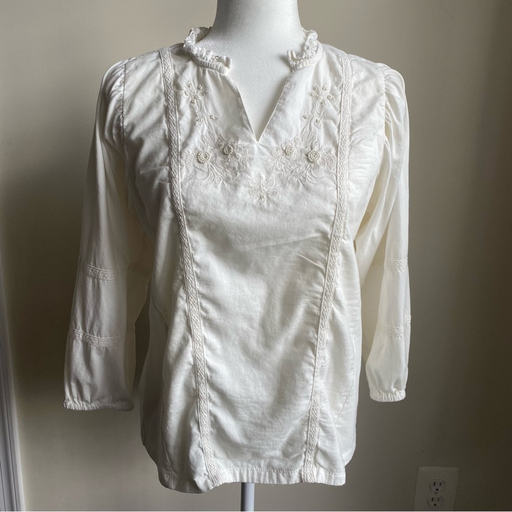 4/$20 Coco Y Club Embroidered Boho 3/4 Sleeve Balloon Arm Blouse Top 100% Cotton